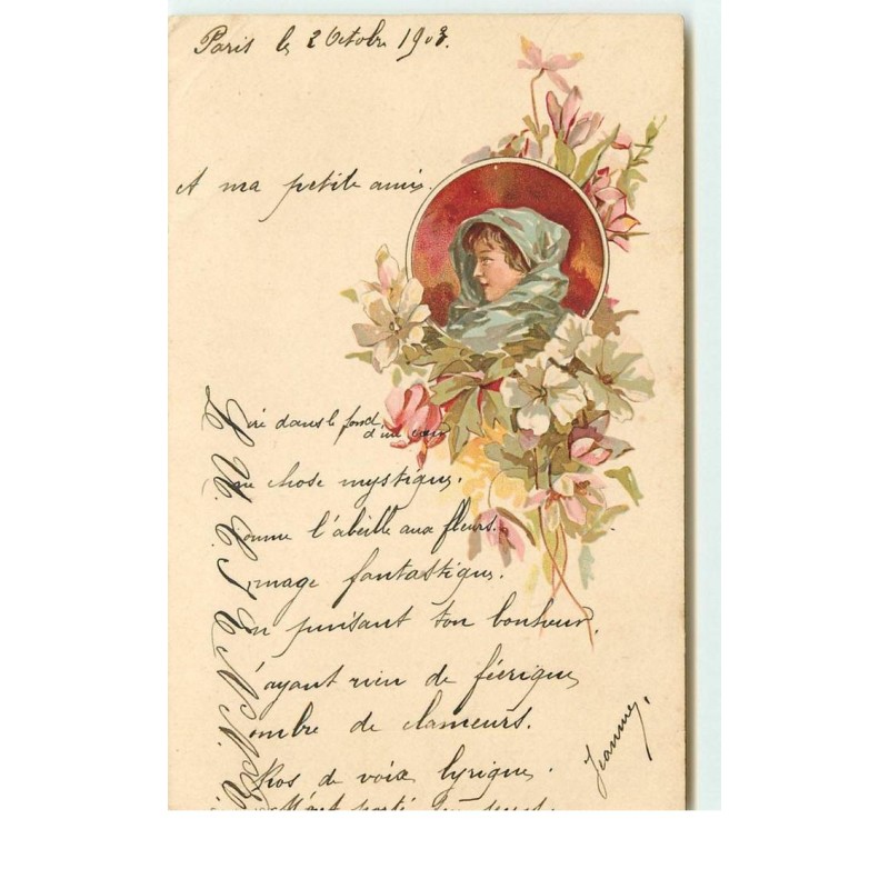 n°15850 - Profil d'une jeune femme dans un médaillon parmi des fleurs