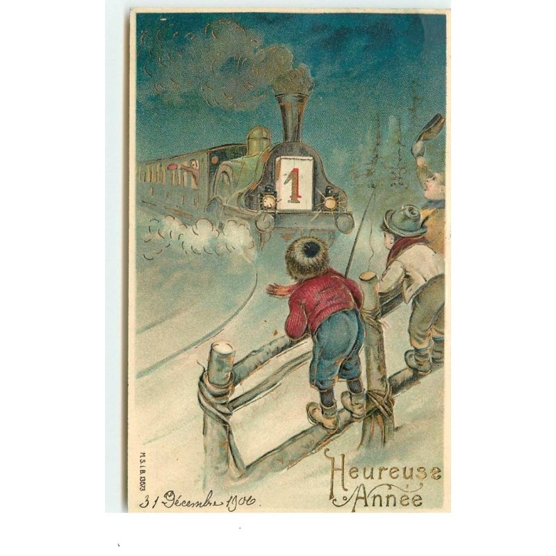 n°15867 - Carte Gaufrée - Heureuse Année - Garçons regardant un train dans la nuit