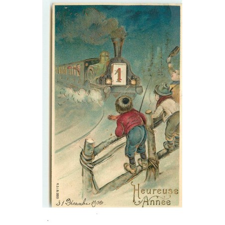 n°15867 - Carte Gaufrée - Heureuse Année - Garçons regardant un train dans la nuit