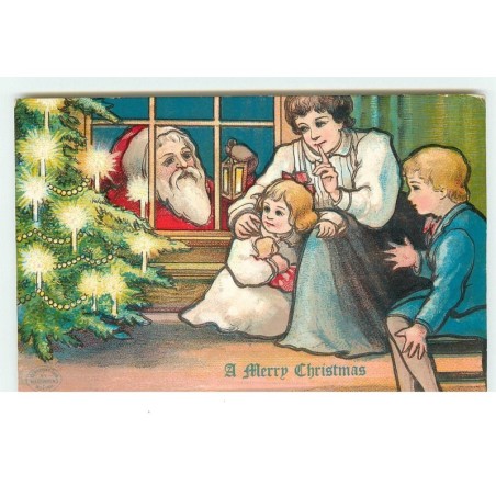 n°15881 - Carte Gaufrée - A Merry Christmas - Père Noël regardant une femme et ses enfants par une fenêtre