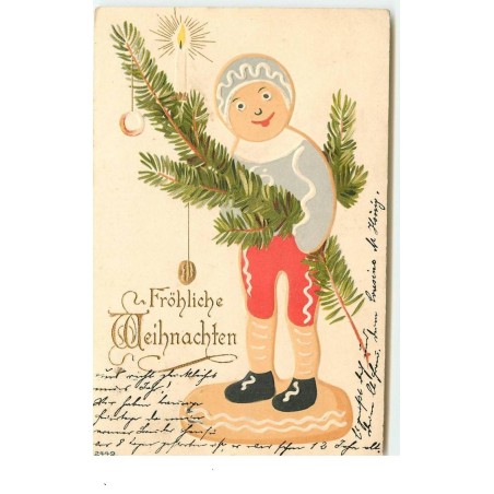 n°15888 - Carte Gaufrée - Fröhliche  Weihnachten - Petit bonhomme en biscuit tenant une branche de sapin