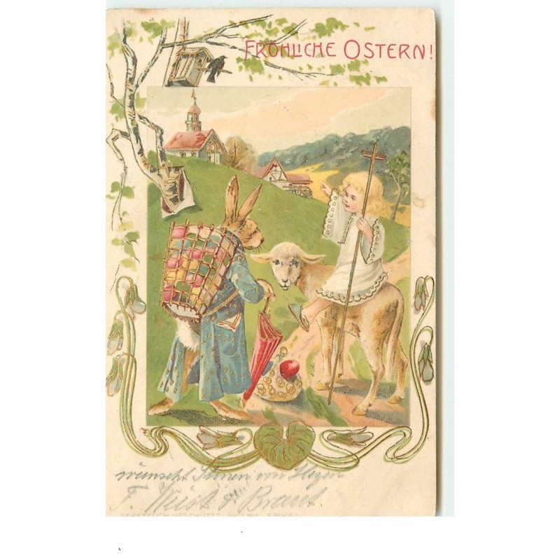 n°15892 - Fröhliche  Ostern - Ange sur le dos d'un mouton, lièvre habillé portant une hotte remplie d'oeufs