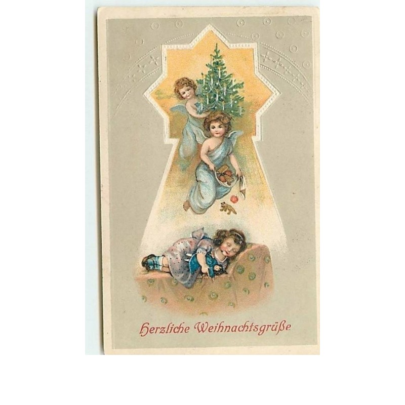 n°10545 - Carte Fantaisie Gaufrée - Herzliche Weihnachtsgruss - Angelots et fillette endormie avec sa poupée