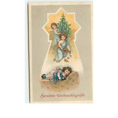 n°10545 - Carte Fantaisie Gaufrée - Herzliche Weihnachtsgruss - Angelots et fillette endormie avec sa poupée
