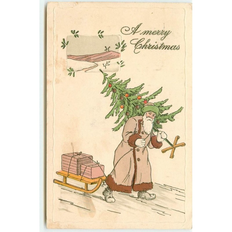 n°15913 - Carte Gaufrée - A Merry Christmas - Père Noël portant un sapin et tirant une luge