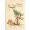n°15913 - Carte Gaufrée - A Merry Christmas - Père Noël portant un sapin et tirant une luge