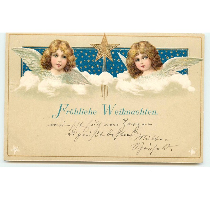 n°15915 - Carte Gaufrée - Fröhliche Weihnachten - Anges dans un ciel étoilé
