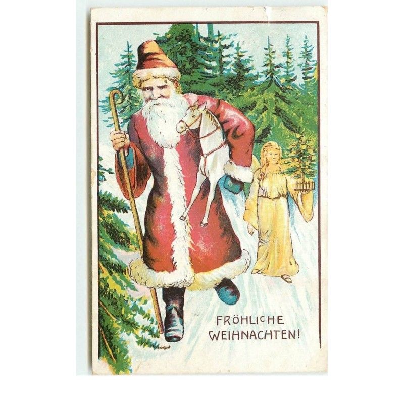 n°15917 - Fröhliche Weihnachten - Père Noël portant un cheval en bois marchant dans la forêt