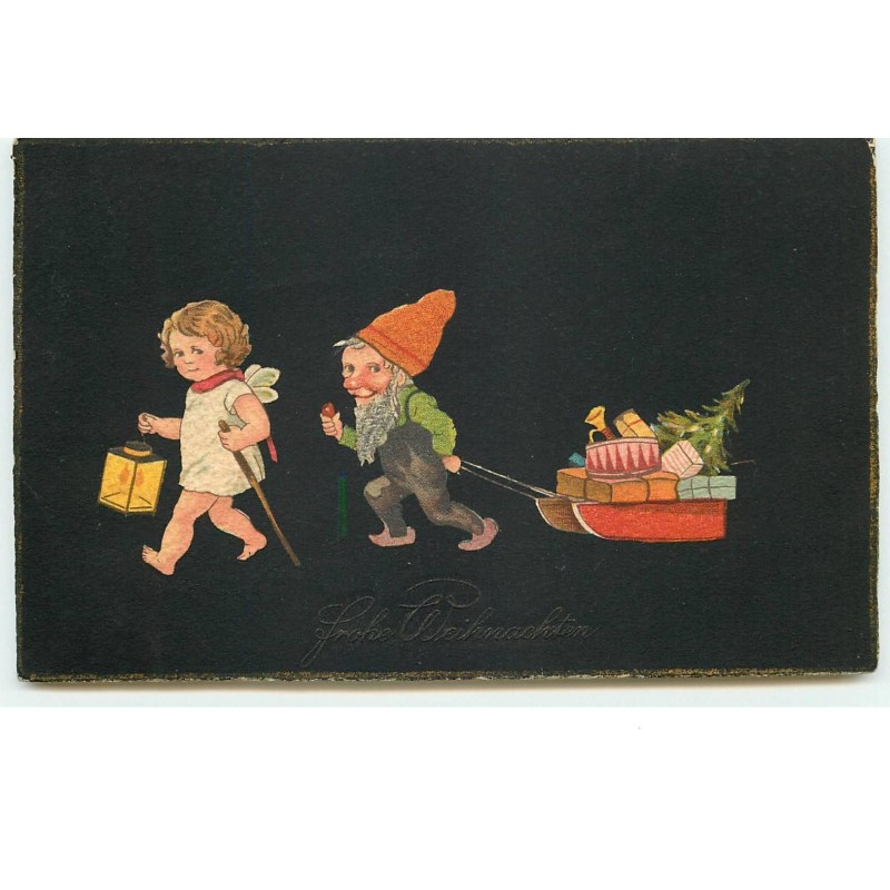 n°15918 - Frohe Weihnachten - Lutin tirant une luge avec des cadeaux - Angelot