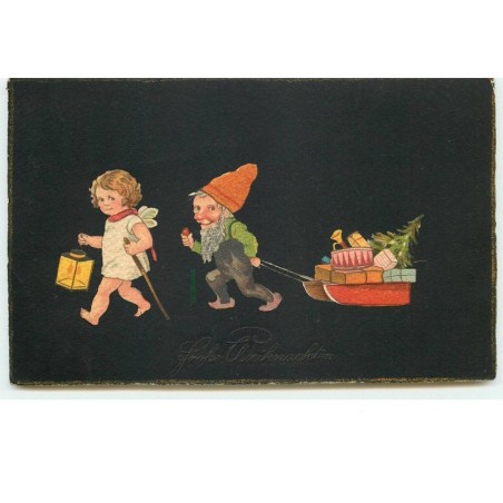 n°15918 - Frohe Weihnachten - Lutin tirant une luge avec des cadeaux - Angelot