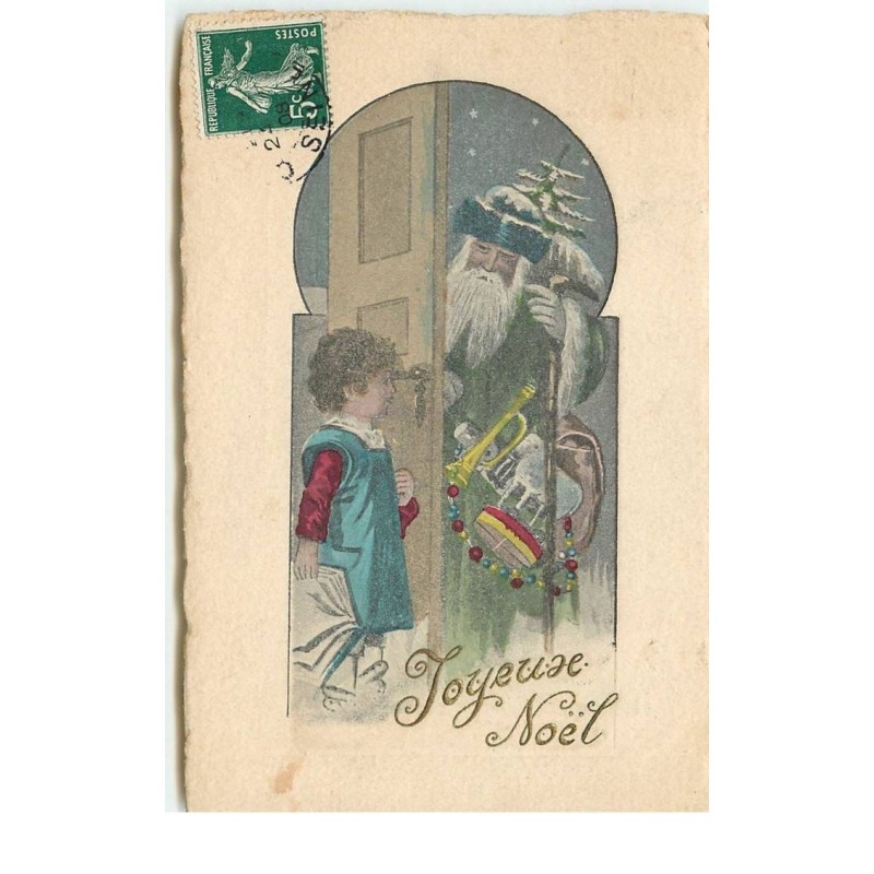 n°15920 - Joyeux Noël - Enfant ouvrant la porte au Père Noël chargé de cadeaux