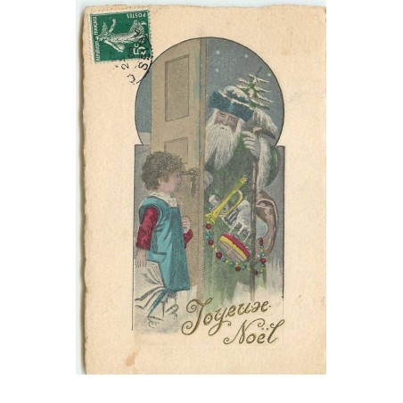 n°15920 - Joyeux Noël - Enfant ouvrant la porte au Père Noël chargé de cadeaux