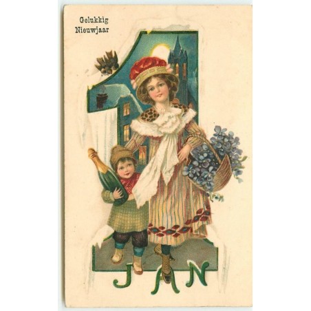 n°15928 - Gelukkig Niewjaar - Jeune femme avec un enfant portant une bouteille de champagne