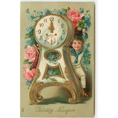 n°15933 - Carte Gaufrée - Gelukkig Nieunjaar - Garçon derrière une pendule
