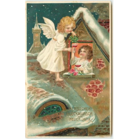 n°15936 - Carte Gaufrée - Herzlichen Glückwunsch zum neuen Jahre - Ange buvant à une fenêtre