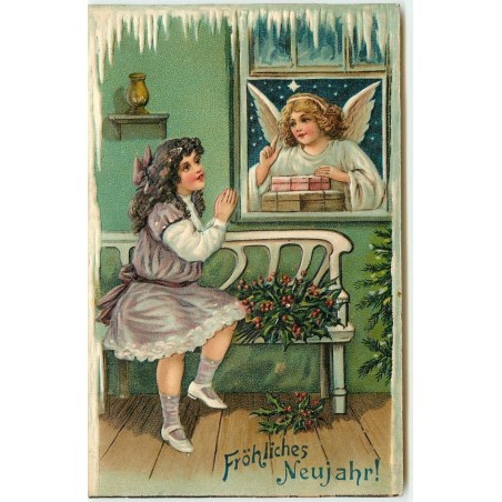 n°15937 - Carte Gaufrée - Fröhliches Neujahr - Ange discutant avec une jeune fille