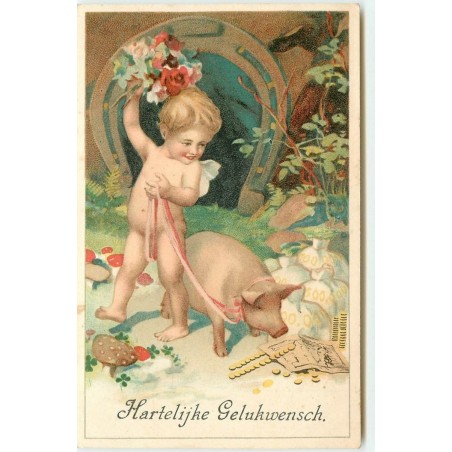 n°15939 - Carte Gaufrée - Hartelijke Gelukwensch - Ange tenant un bouquet de fleurs et un cochon