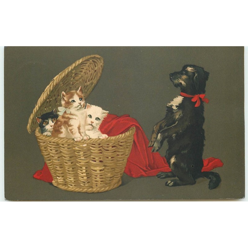 n°15946 - Meissner - Chien surveillant des chats dans un panier en osier