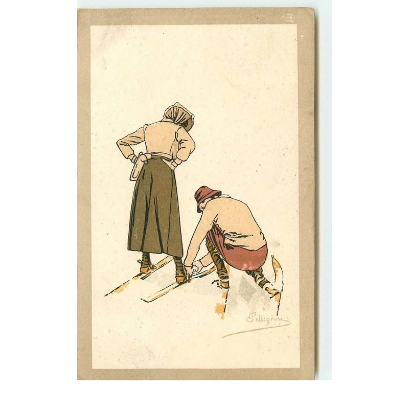 n°15956 - Pellegrini - Homme aidant une femme à mettre ses skis