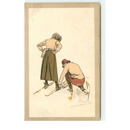 n°15956 - Pellegrini - Homme aidant une femme à mettre ses skis