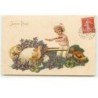 n°15962 - Carte Gaufrée - Joyeuses Pâuqes - Garçon avec des poussins parmi des violettes
