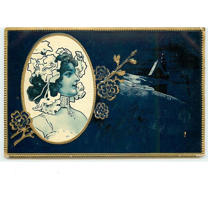 n°10554 - Carte Gaufrée - Portrait d'une jeune femme dans un médaillon