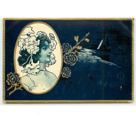 n°10554 - Carte Gaufrée - Portrait d'une jeune femme dans un médaillon