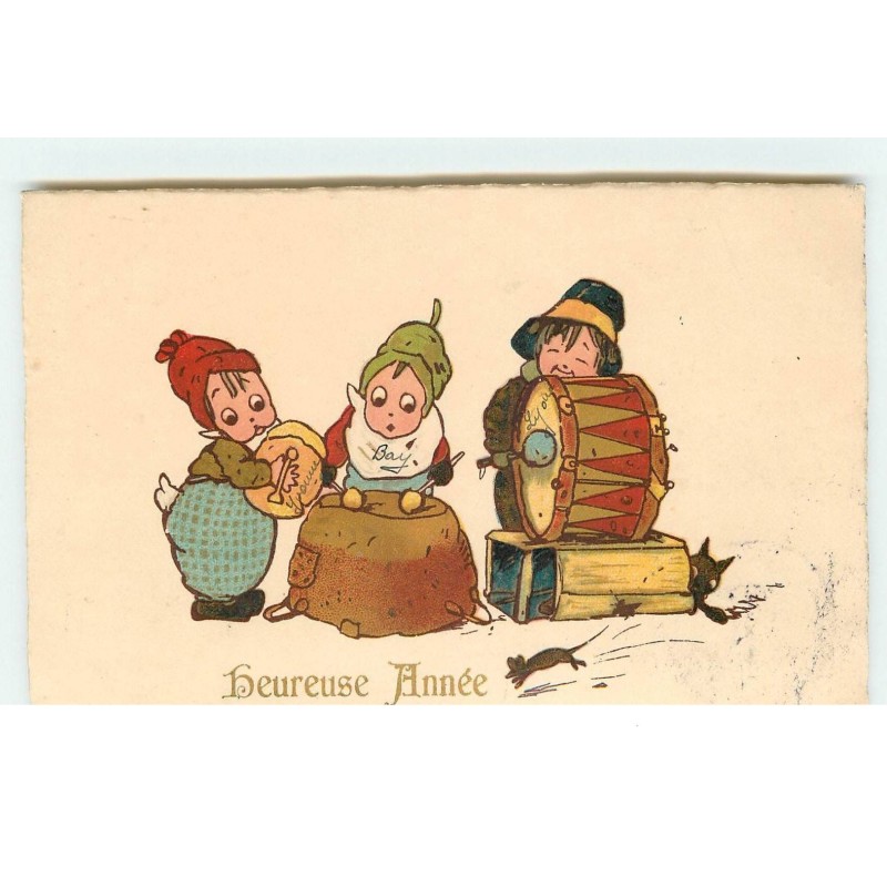 n°15973 - Heureuse Année - Enfants jouant de la musique - souris - chat
