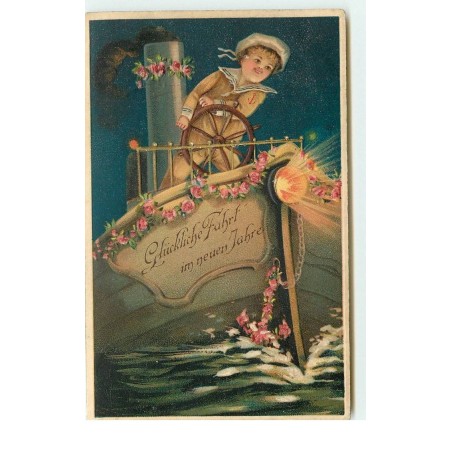 n°15980 - Carte Gaufrée - Glückliche Fahrt im neuen Jahre - Garçon tenant la barre d'un bateau