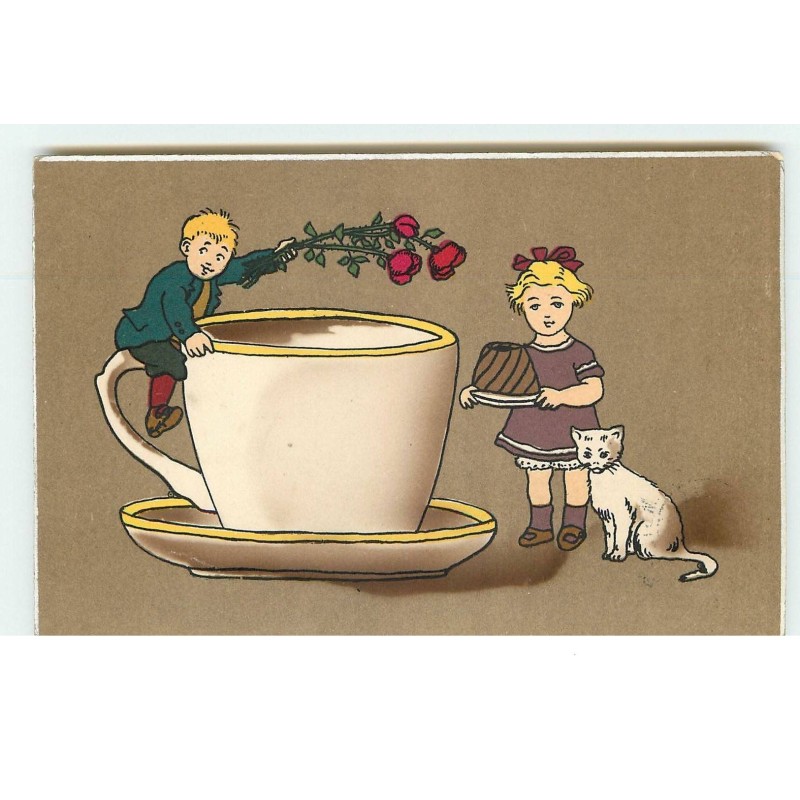 n°15988 - Enfants, la fillette tenant un gâteau, et le garçon sur une grosse tasse - chat