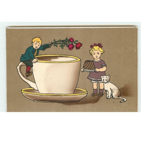 n°15988 - Enfants, la fillette tenant un gâteau, et le garçon sur une grosse tasse - chat
