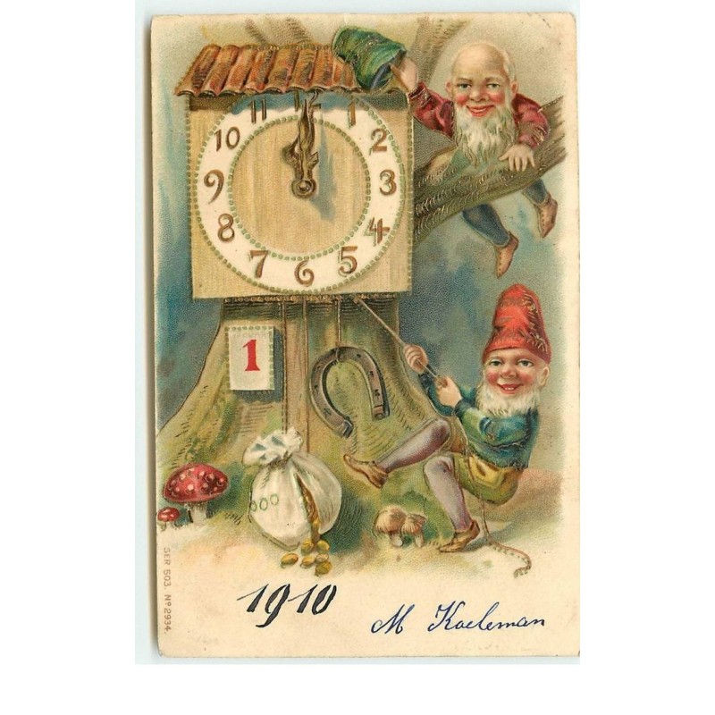 n°15990 - Carte Gaufrée - Nains près d'une pendule - champignon