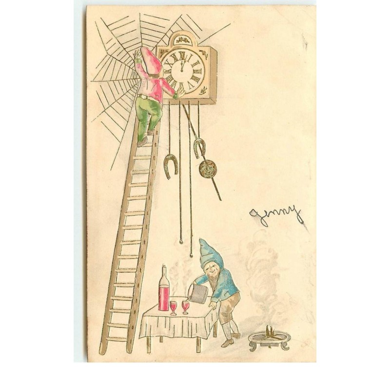 n°15994 - Carte Gaufrée - Nains règlant une pendule et trinquant