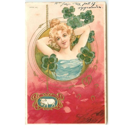 n°16004 - Carte Gaufrée - Art Nouveau - Jeune femme dans un médaillon avec des trèfles