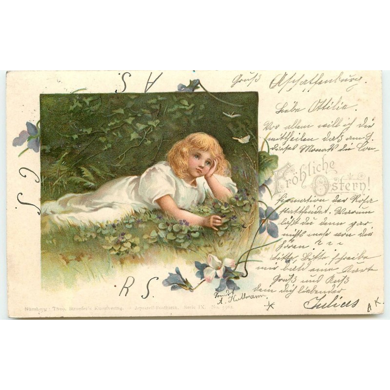 n°16011 - Fröhliche Ostern - Theo Stroefer's - Fillette allongée dans l'herbe