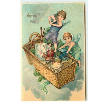 n°16018 - Joyeux Noël - Anges autour d'un panier contenant des cadeaux