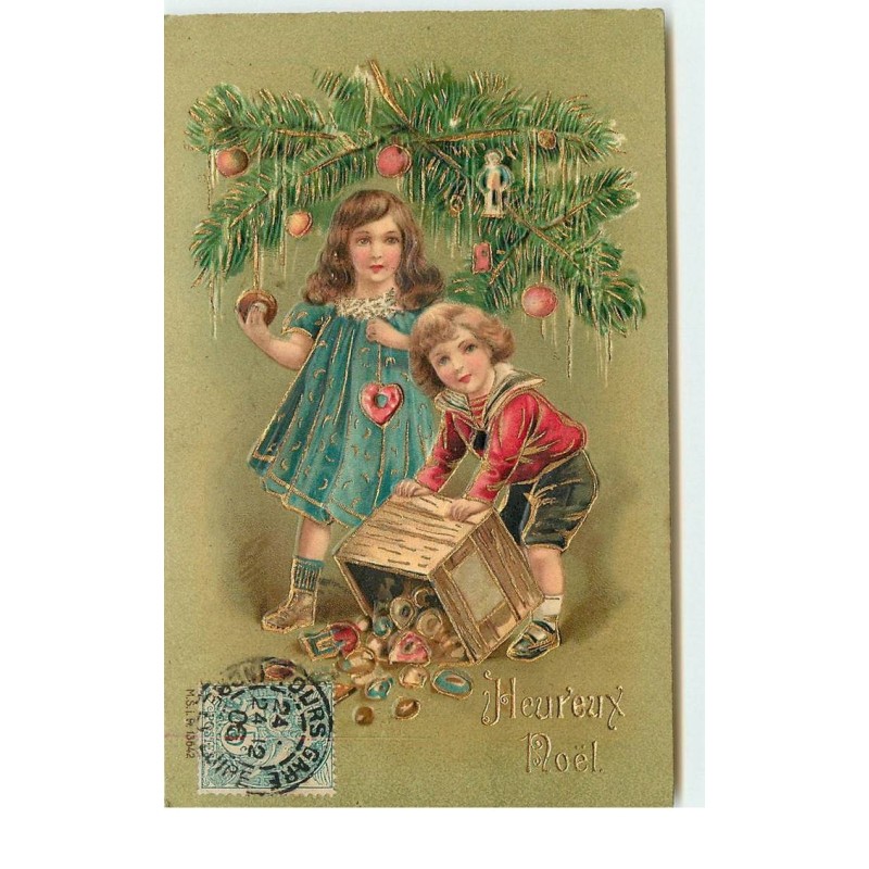 n°16023 - Carte Gaufrée - Heureux Noël - Enfants renversant une caisse rempli de gateaux