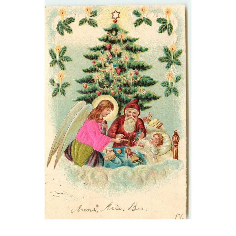 n°16025 - Carte Gaufrée - Père Noël et un ange gardien veillant sur un bébé
