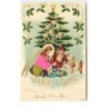 n°16025 - Carte Gaufrée - Père Noël et un ange gardien veillant sur un bébé