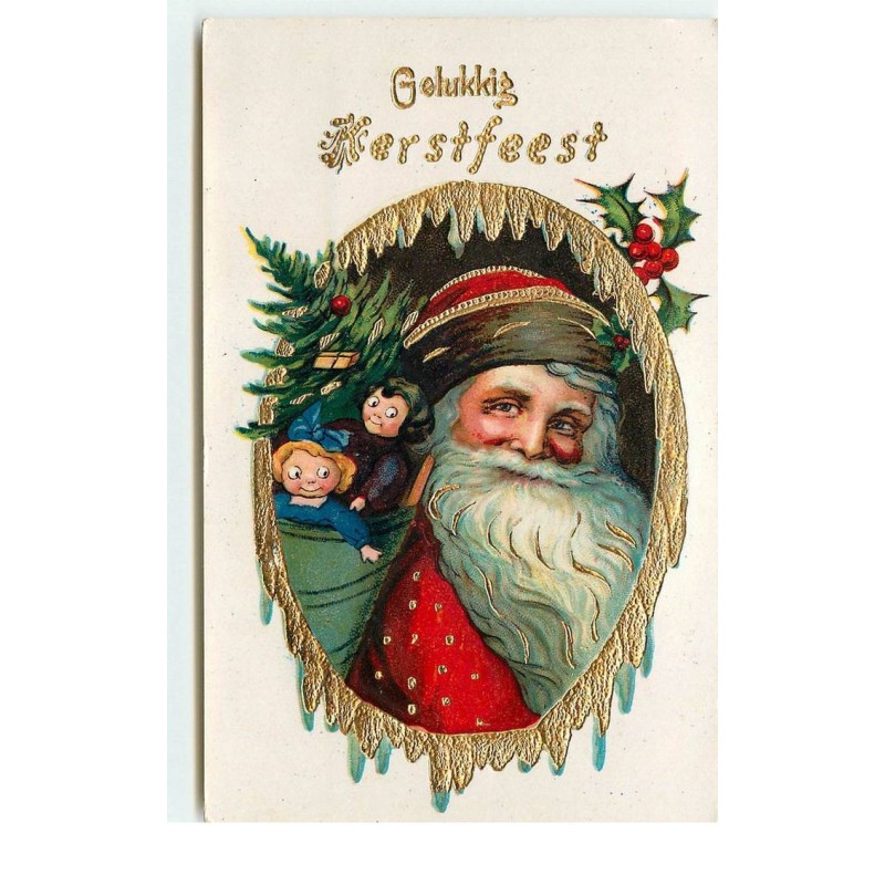 n°16027 - Carte Gaufrée - Gelukkig Kerstfeest - Père Noël dans un médaillon