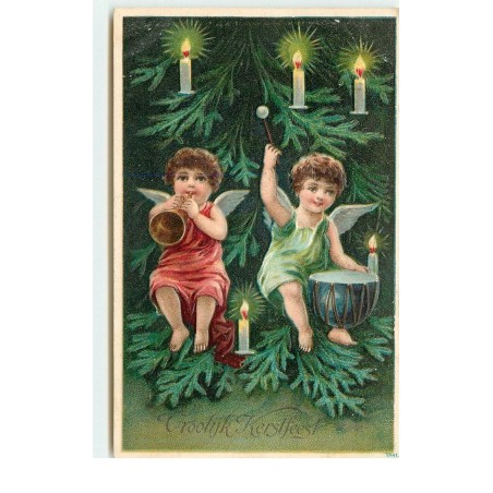 n°16030 - Carte Gaufrée - Vroolijk Kerstfeest - Anges jouant de la musique assis dans un sapin