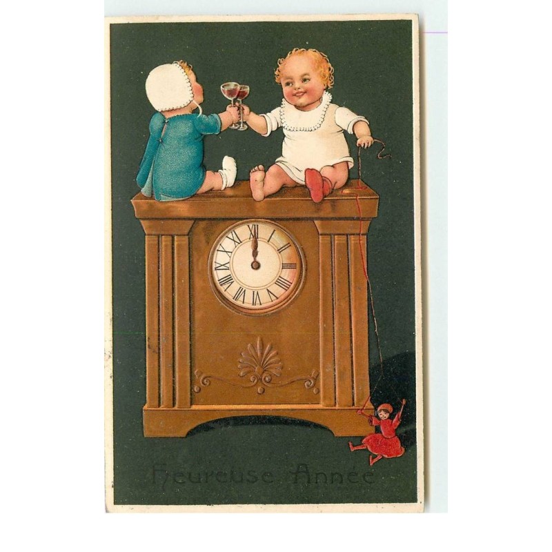 n°16032 - Carte Gaufrée - Flatscher - Heureuse année - Bébés trinquant sur une pendule
