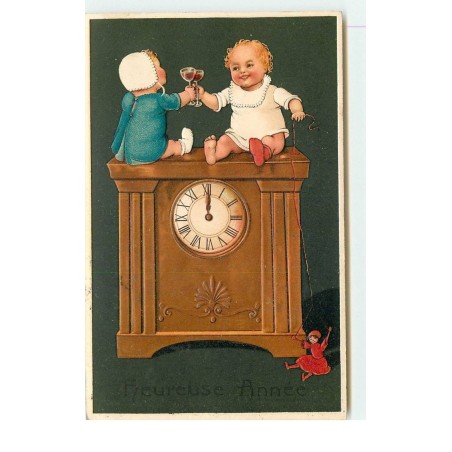 n°16032 - Carte Gaufrée - Flatscher - Heureuse année - Bébés trinquant sur une pendule