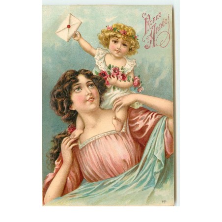 n°16038 - Carte Gaufrée - Bonne année - Jeune femme portant sur ses épaules une fillette