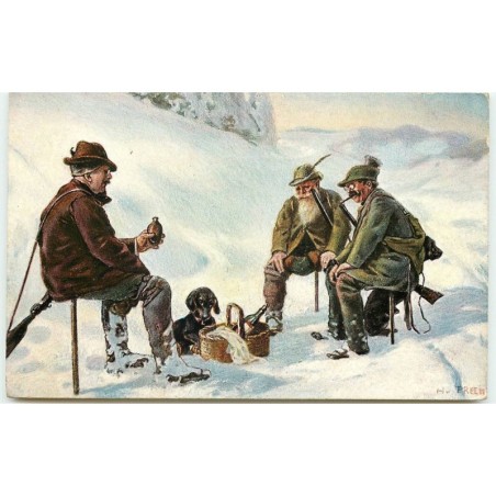 n°16043 - Teckel regardant des chasseurs buvant et fumant