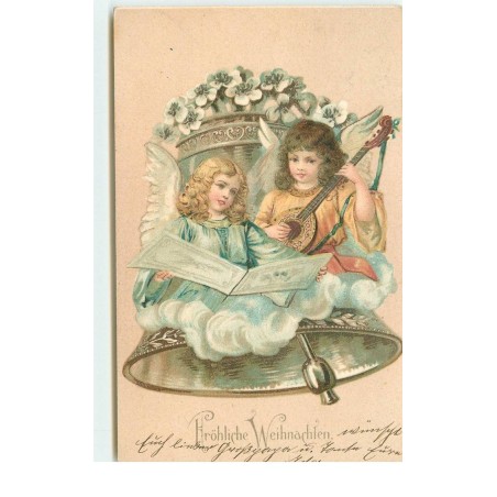 n°16073 - Fröhliche Weihnachten -Anges jouant de la mandoline, et chantant - cloche