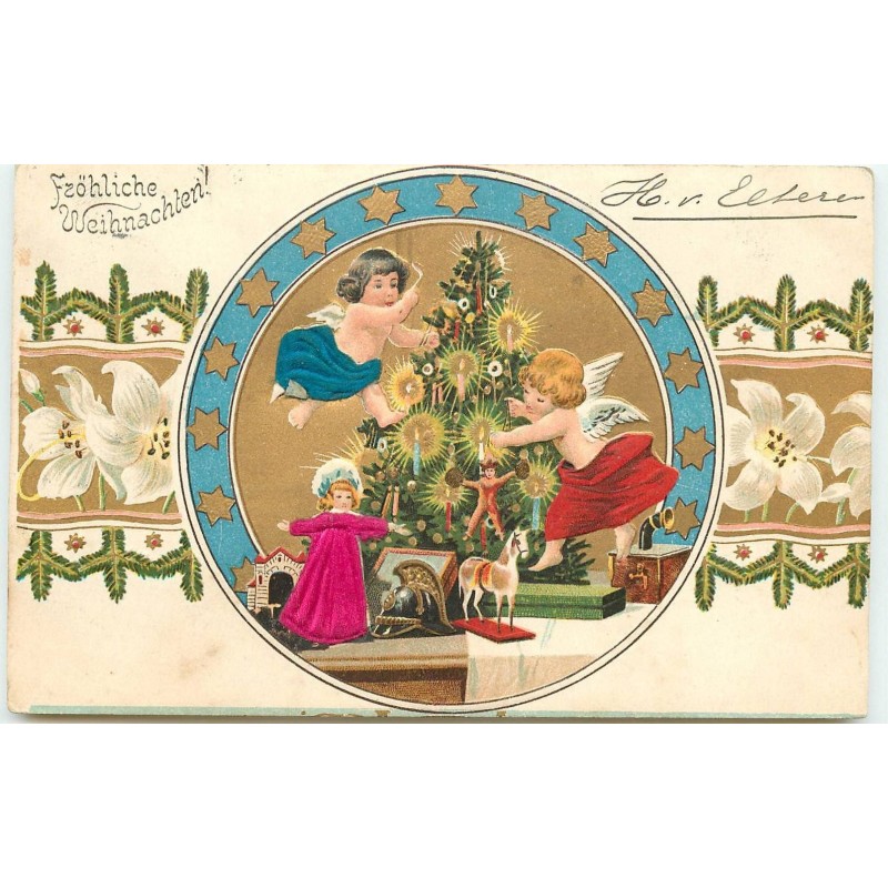 n°16078 - Carte Gaufrée - Fröhliche Weihnachten - Anges décorant un sapin