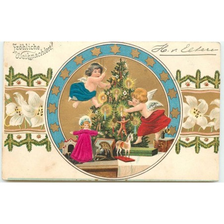 n°16078 - Carte Gaufrée - Fröhliche Weihnachten - Anges décorant un sapin