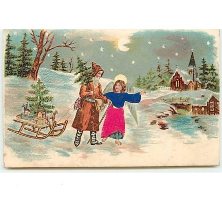 n°10561 - Carte Gaufrée - Ange gardien (habits en tissu) guidant le Père Noël