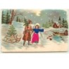 n°10561 - Carte Gaufrée - Ange gardien (habits en tissu) guidant le Père Noël